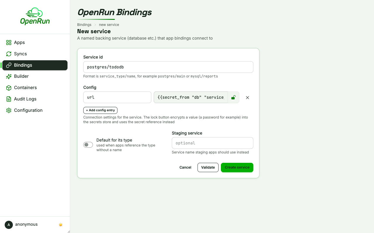 New service form with the connection url stored as a secret