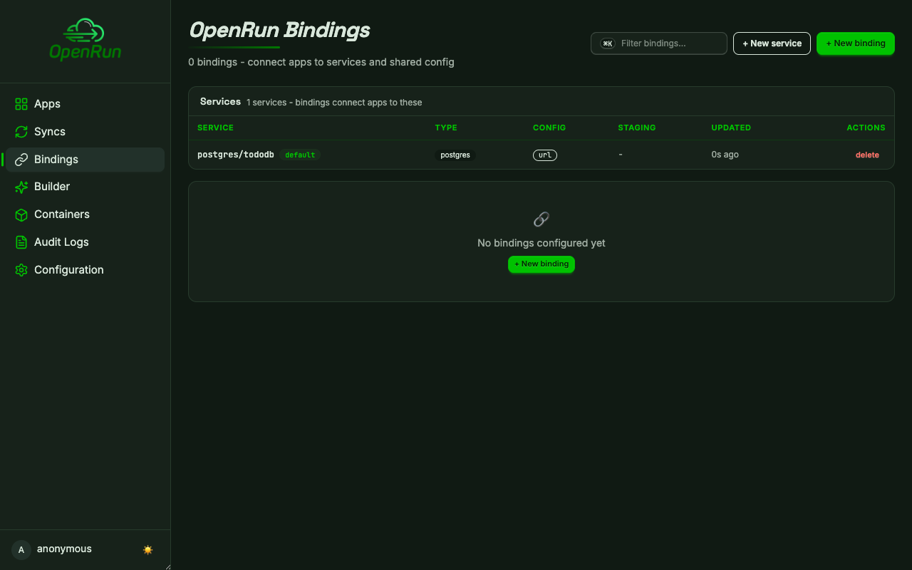 Bindings page listing the postgres service