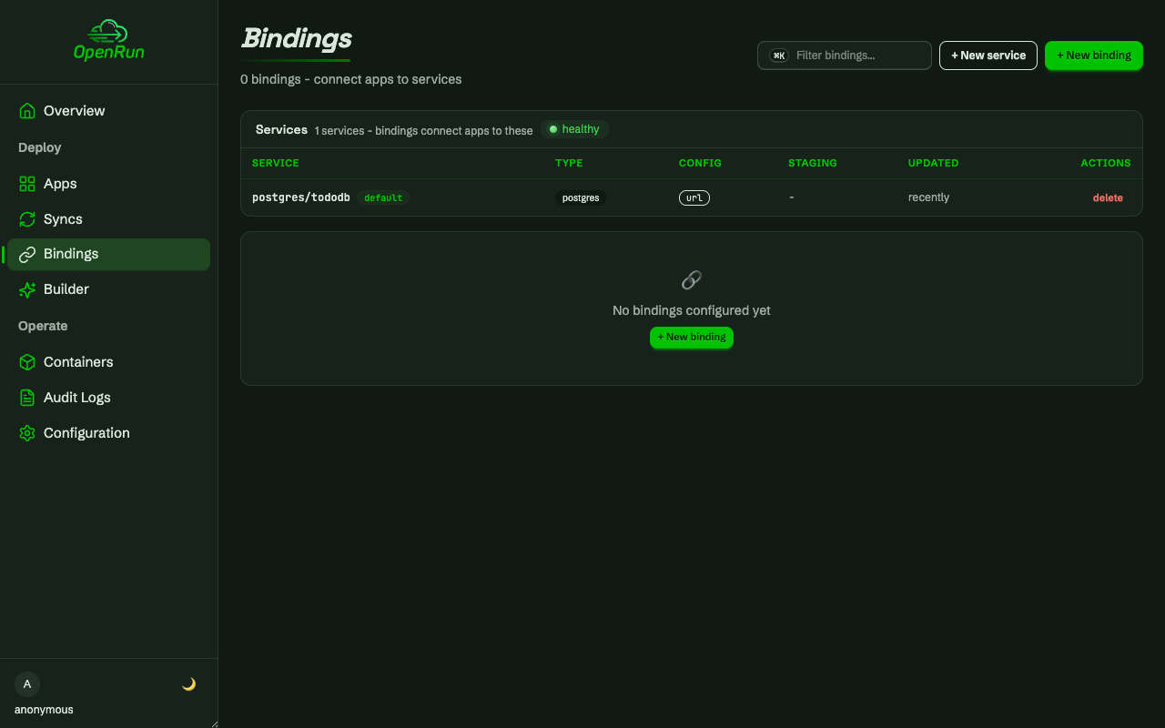 Bindings page listing the postgres service
