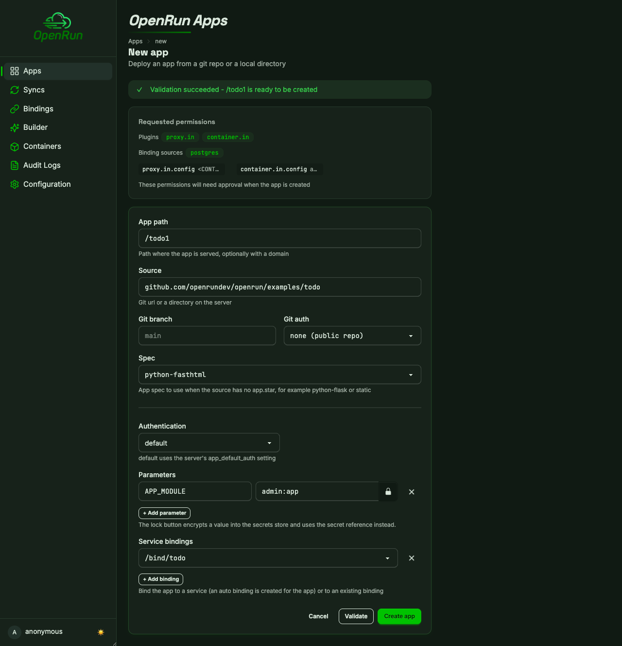App create form after a successful validate dry run