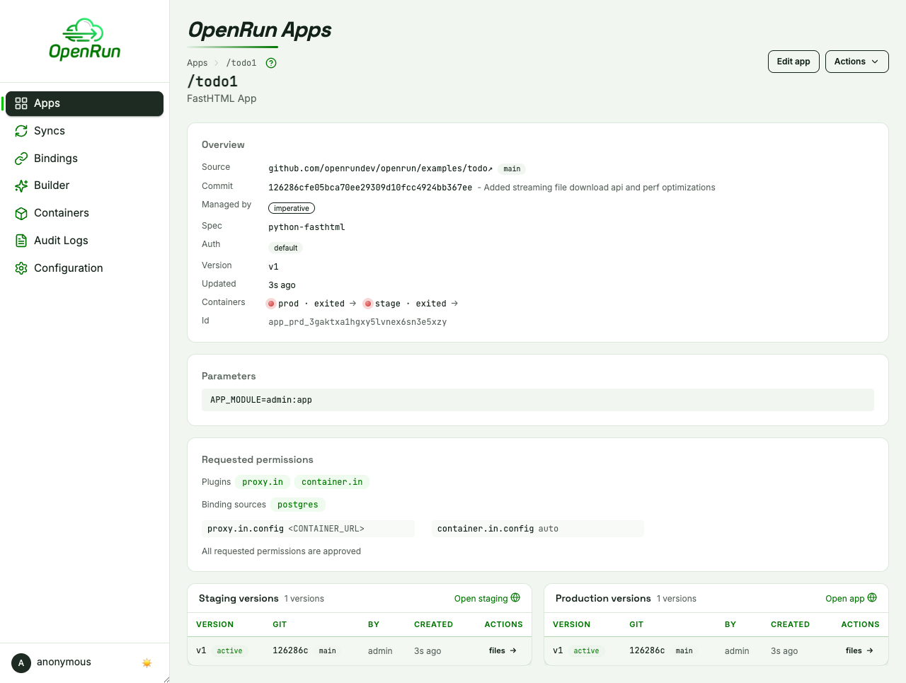 App detail page with versions and permissions