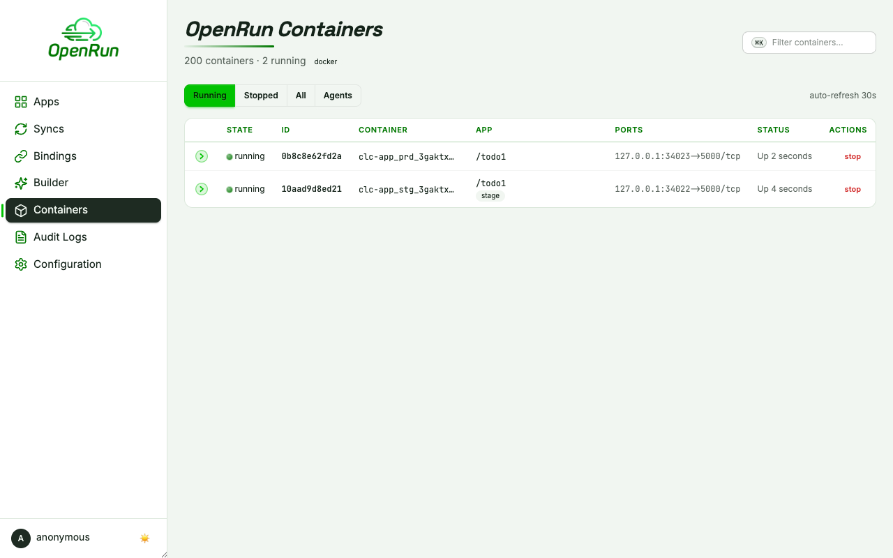 Containers page with the app's prod and staging containers