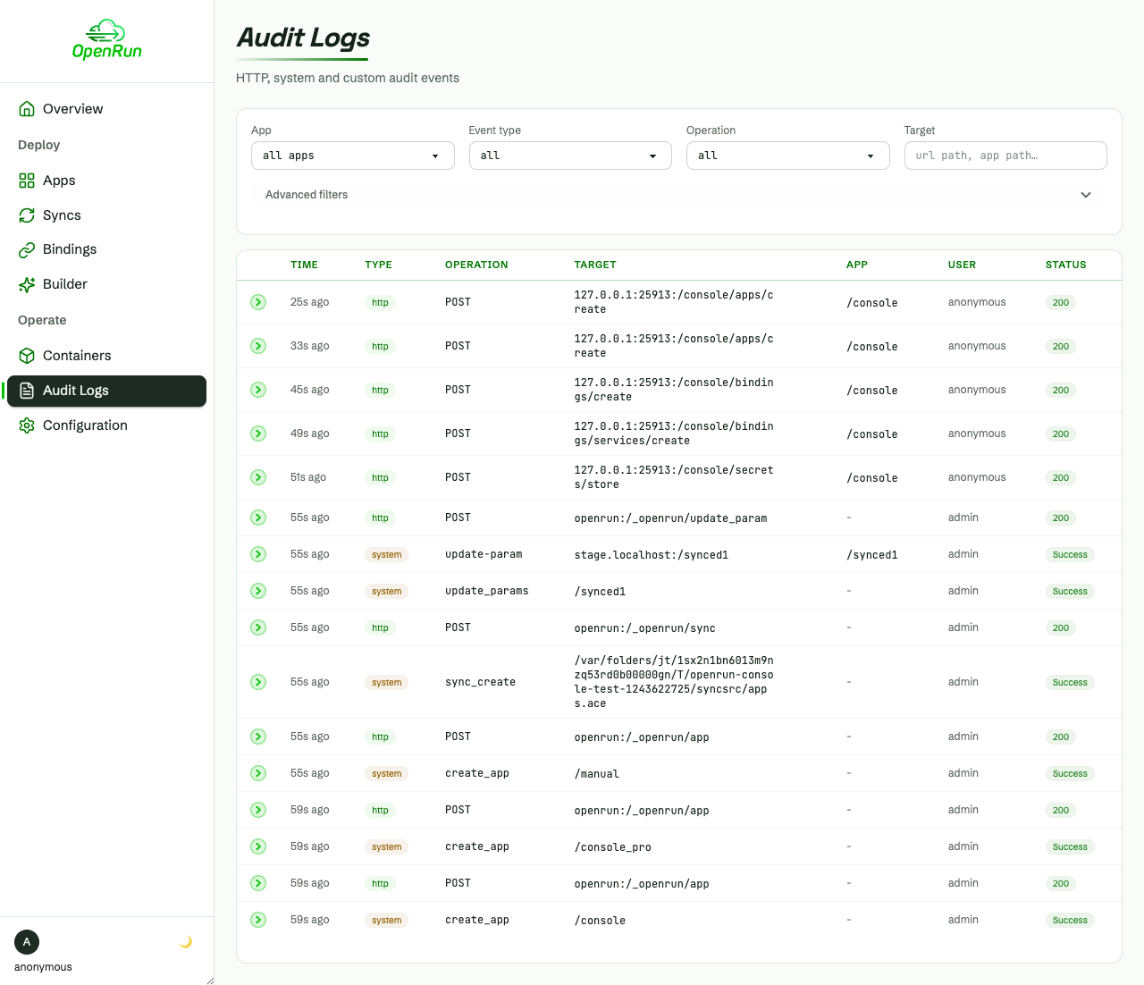 Audit page with the operations from this flow