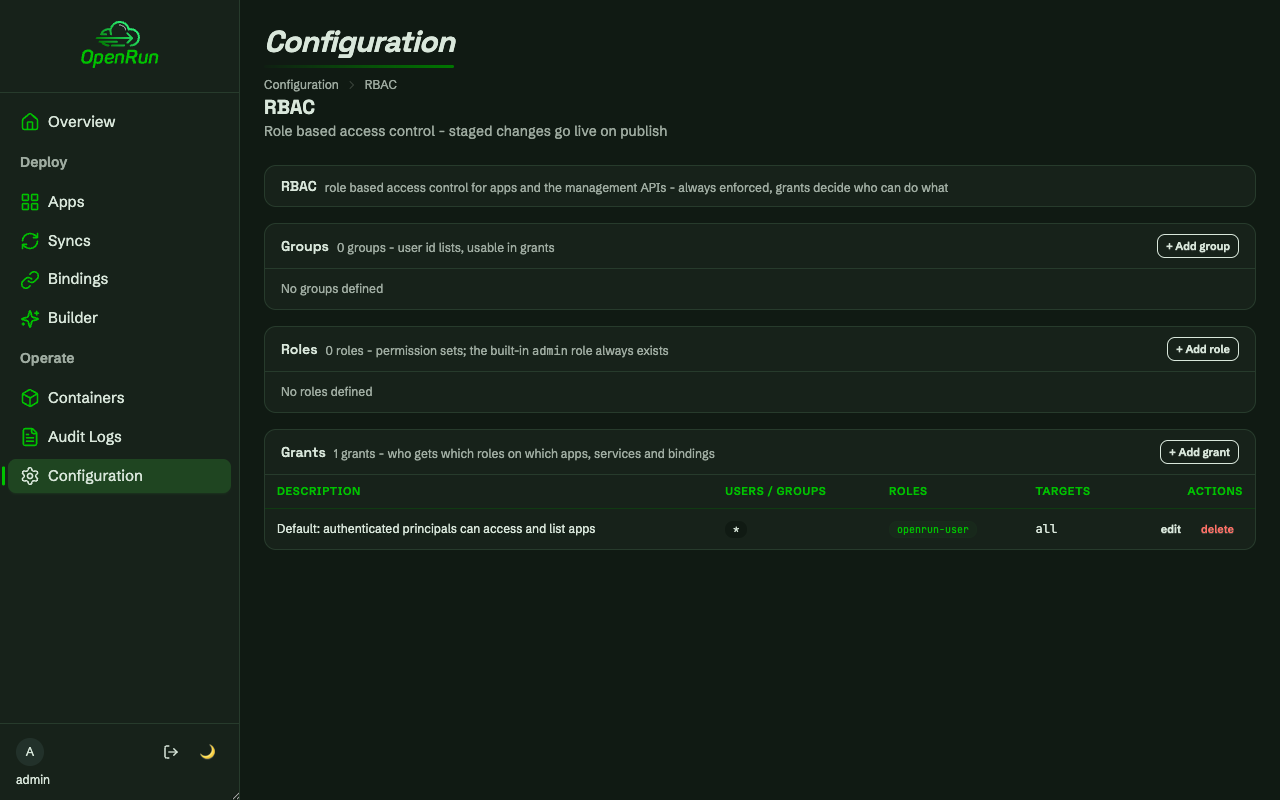 RBAC configuration page before any groups, roles or grants