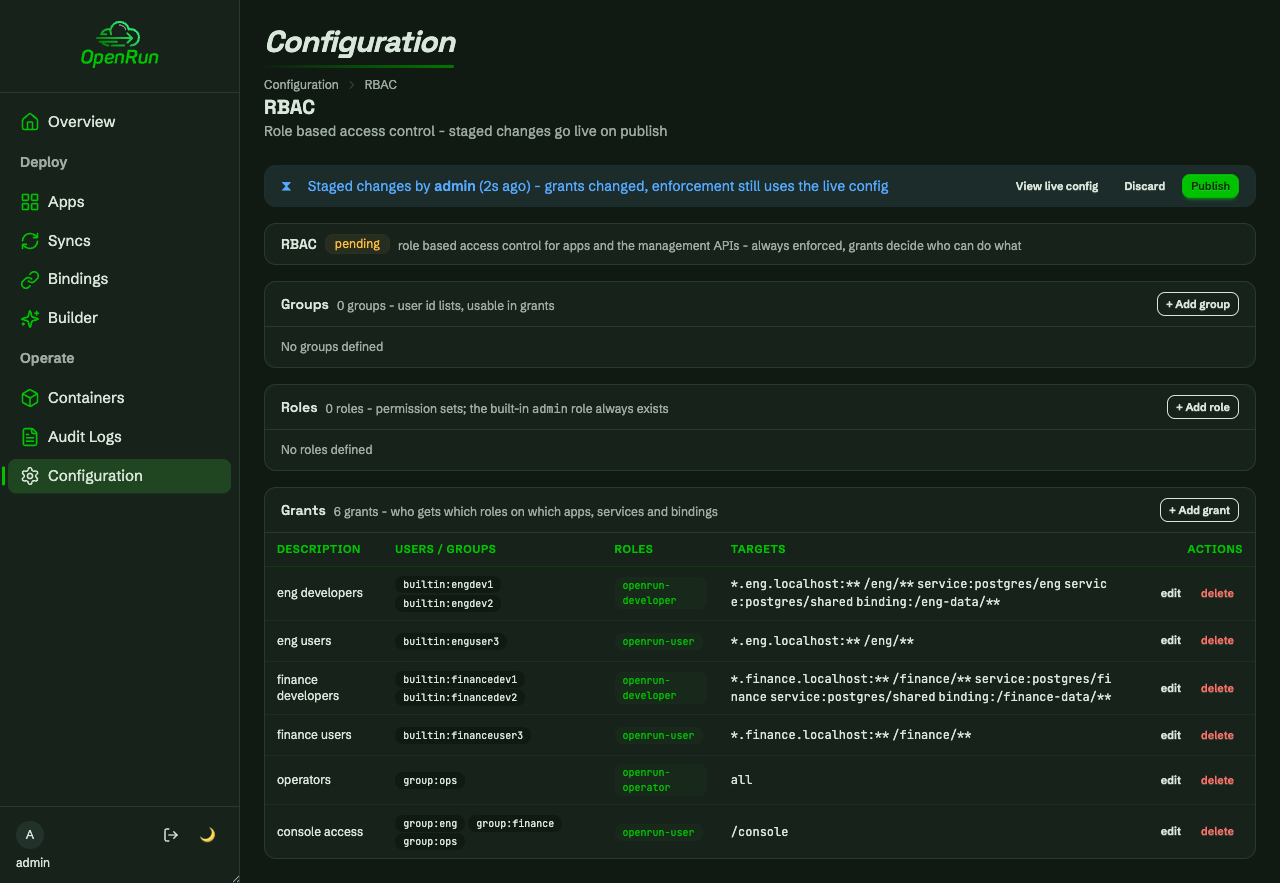 RBAC configuration with all grants staged as a draft